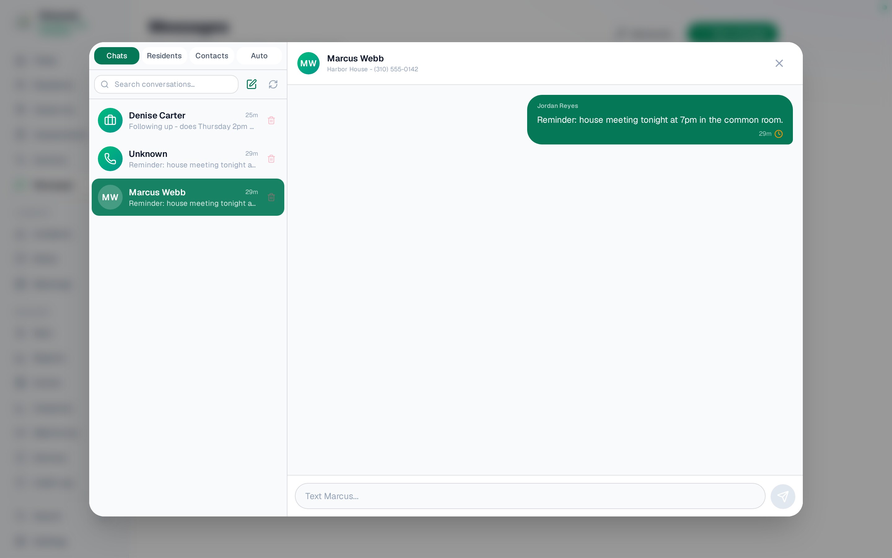 The Steward messaging console: conversation threads with residents and outside contacts on the left, an open SMS thread on the right, with tabs for Chats, Residents, Contacts, and Auto-send schedules.