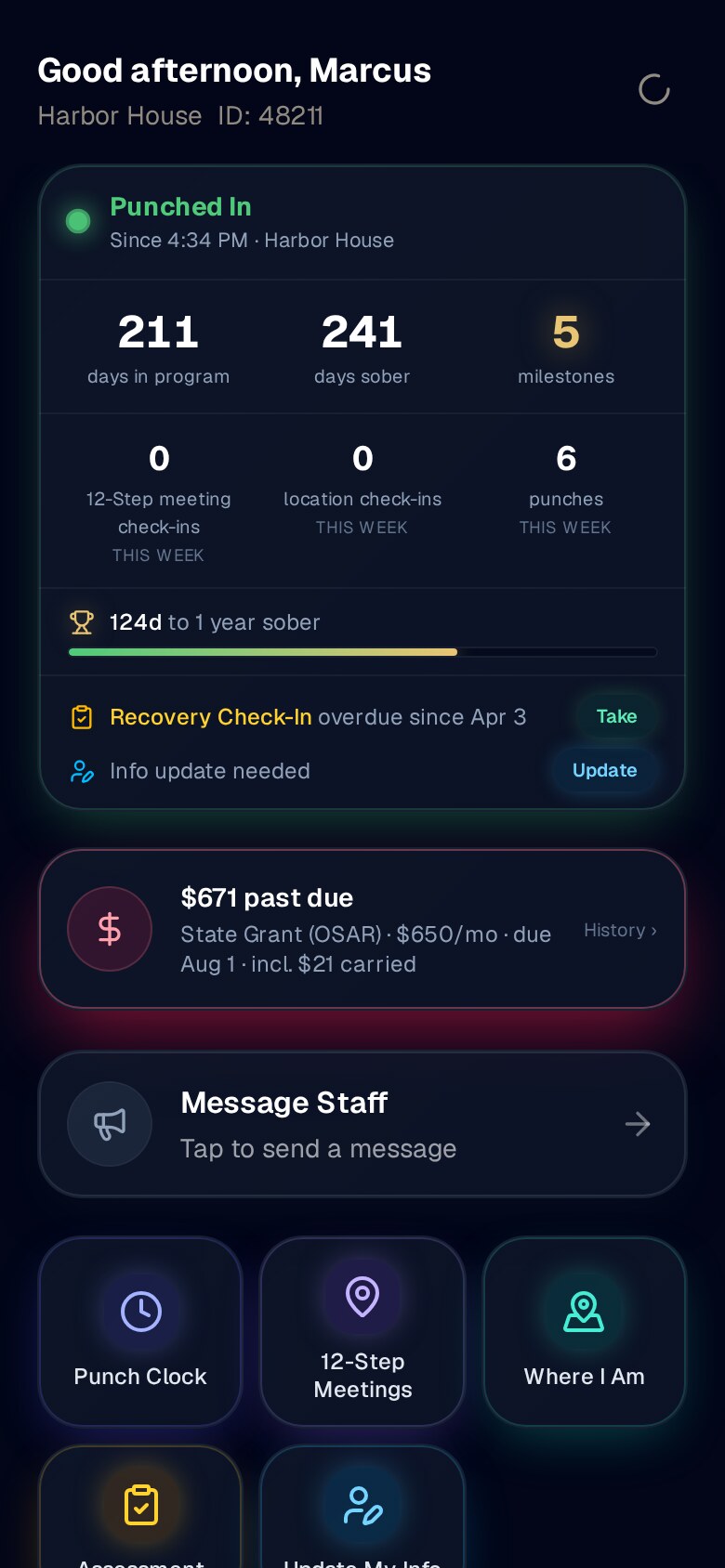 The Steward resident app on a phone: punched-in status, 211 days in program, 241 days sober, 5 milestones, a progress bar reading 124 days to 1 year sober, an overdue recovery check-in chip with a Take button, rent status, Message Staff, and tiles for Punch Clock, 12-Step Meetings, and Where I Am.