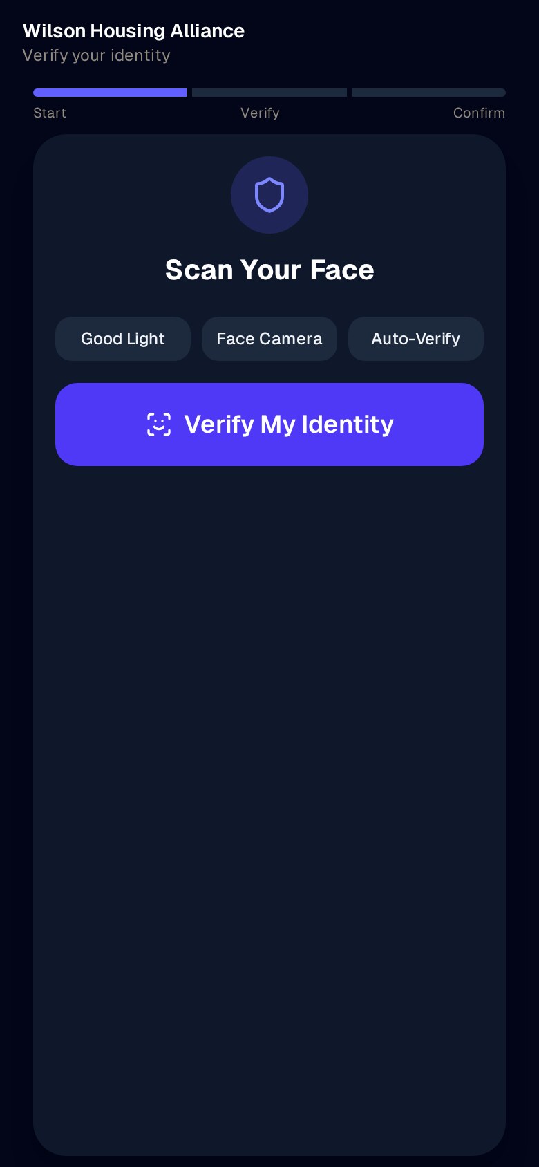 Resident app identity verification screen: Scan Your Face with a Verify My Identity button, good light and auto-verify hints.